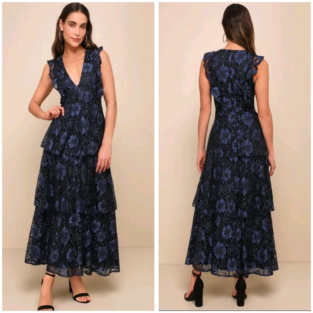 Lulus Molinette Lace Ruffle Tiered Maxi Dress XS Navy Blue Cocktail Formal